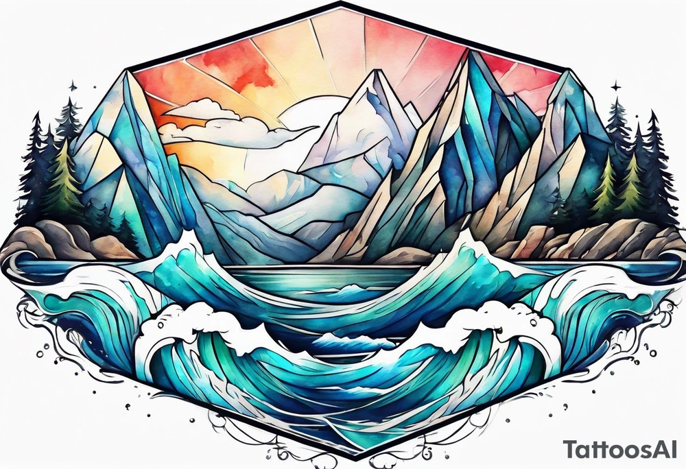 Mountains and ocean waves  crashing diamond shape tattoo idea