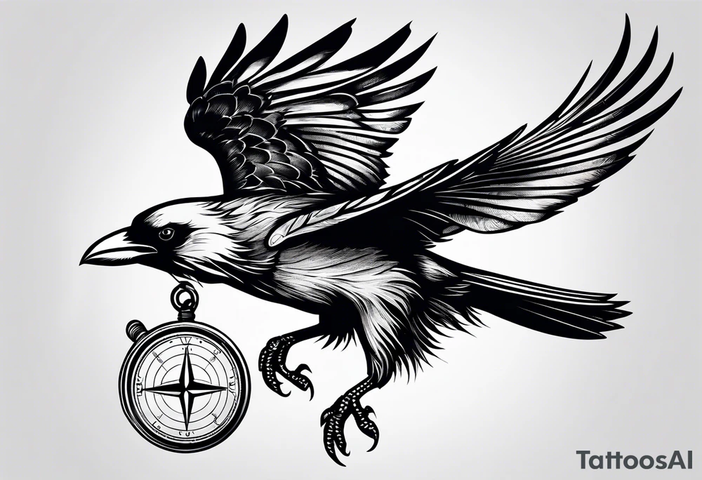 flying crow with compass tattoo idea