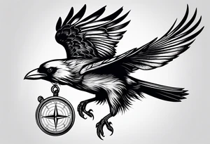 flying crow with compass tattoo idea