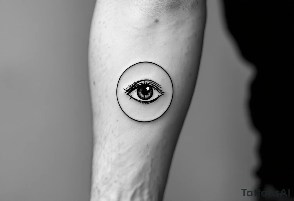 Simple black line tattoo of an eye centered in a perfect circle, thin lines, minimal design. tattoo idea