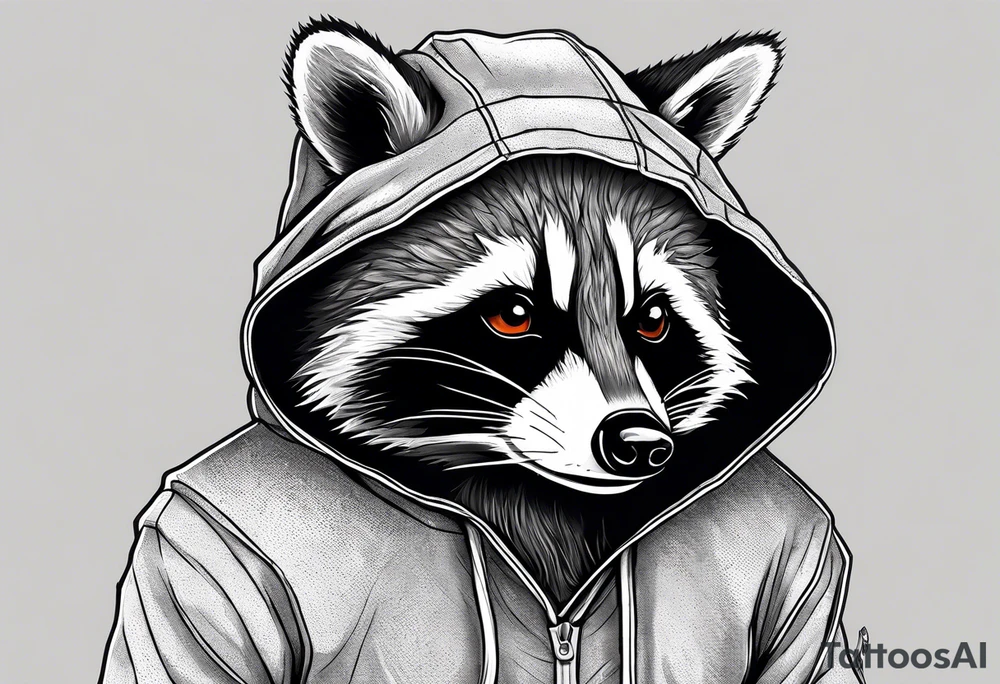 Raccoon wearing an orange Superman hoodie tattoo idea