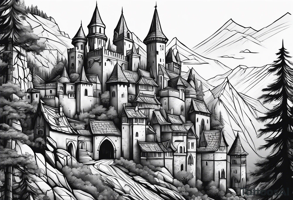 medieval tribal city land vignette tattoo idea