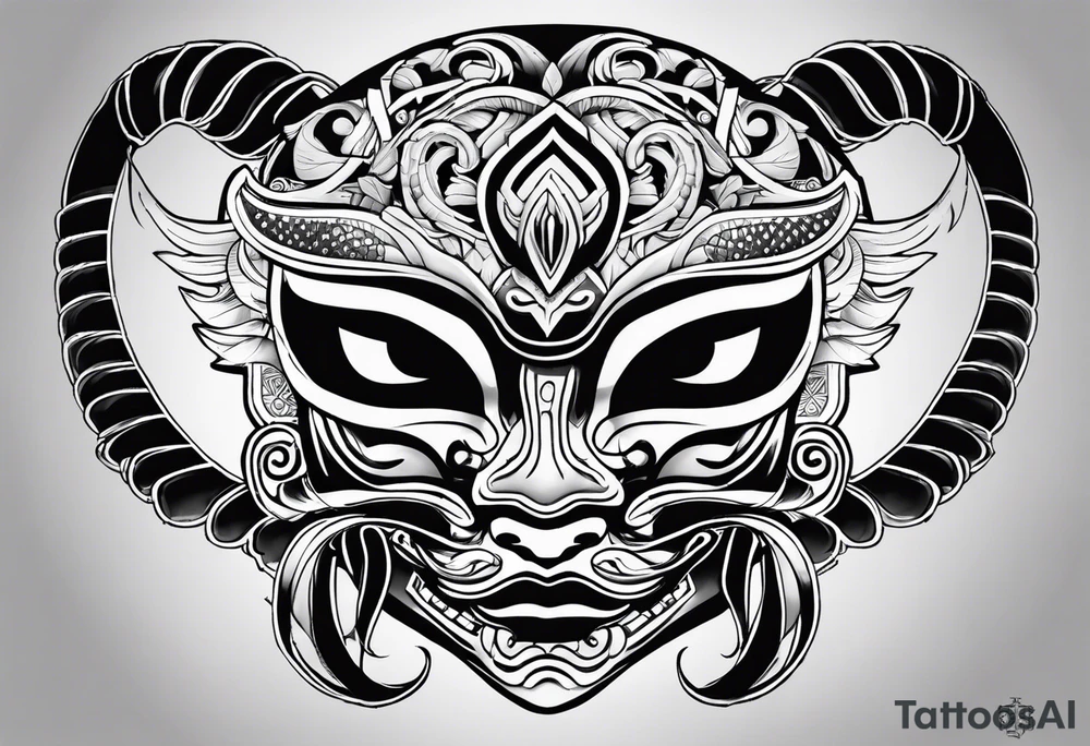 hanya mask on the shoulder, mask from ghost of Tsushima, hanya mask with three eyes tattoo idea