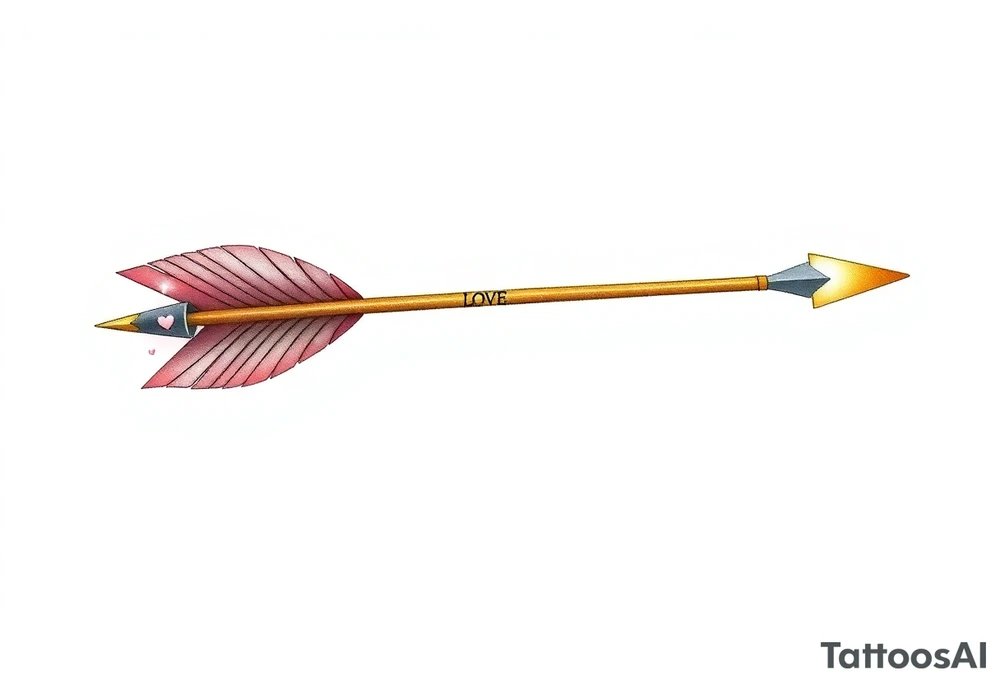 A sleek golden arrow with an intricately carved runic inscription along the shaft, symbolizing a fated love. The arrow’s feathered fletching is detailed with soft pink and red hues, while the arrowhead glows with a subtle silver light, representing destiny. Surrounding the arrow are tiny floating hearts and sparkles, creating a mystical aura of passion and devotion. The design gives the impression of the arrow mid-flight, striking straight into the heart of love. tattoo idea