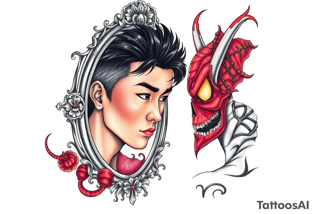 Handsome Asian young guy is looking in cursed mirror and see the evil tattoo idea