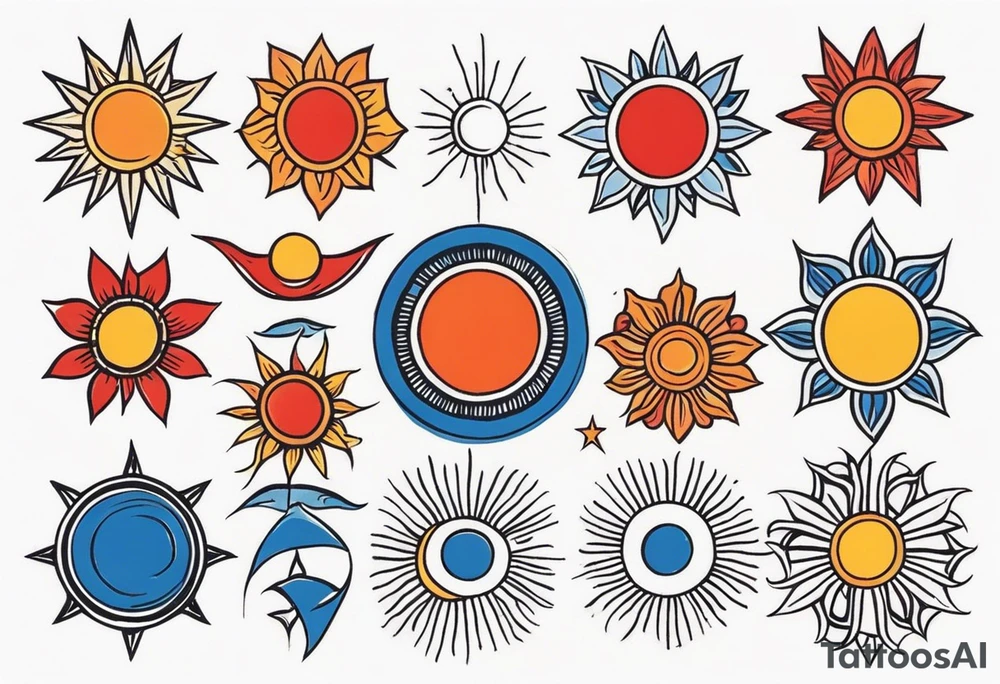 a simple red, blue, orange, and yellow sun solid colors and no faces tattoo idea