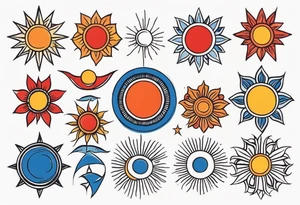 a simple red, blue, orange, and yellow sun solid colors and no faces tattoo idea