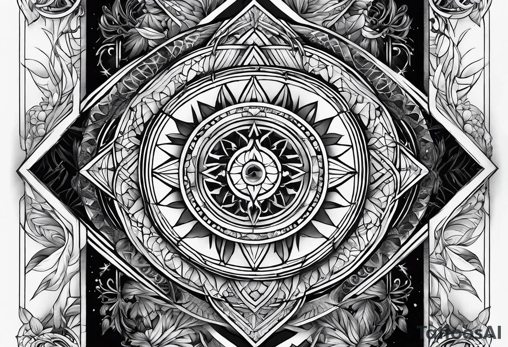 sleeve tattoo - four cardinal virtues of stoicism with a focus on sacred geometry tattoo idea