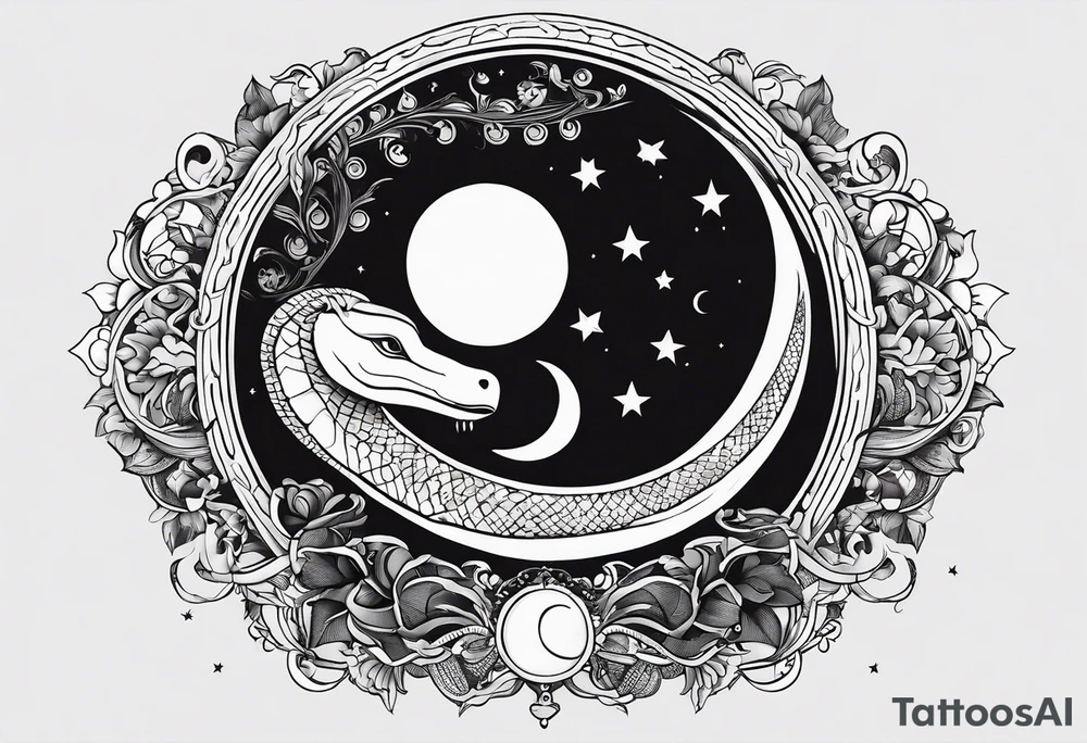 the sun and crescent moon are connected, the moon has a snake wrapped around it, the sun has a cardinal in it, simple tattoo idea
