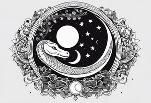 the sun and crescent moon are connected, the moon has a snake wrapped around it, the sun has a cardinal in it, simple tattoo idea