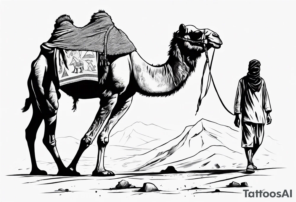 Feature a man walking alongside his camel, both resilient against the harsh environment, the man covering his face with a long cloth for protection. tattoo idea