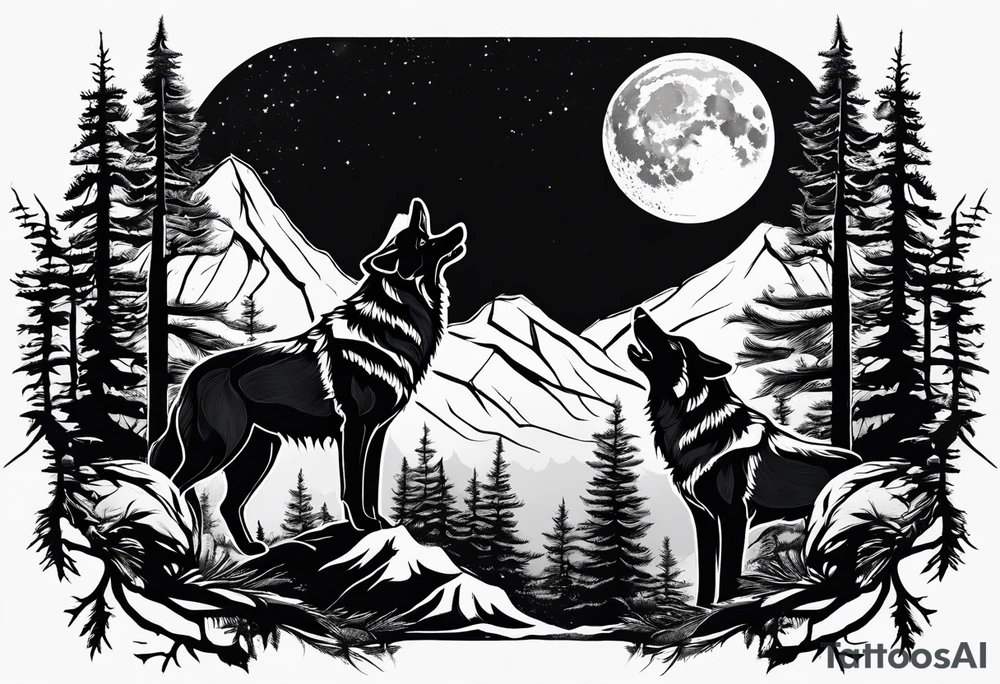 Mountain peaks
Two wolves
Moon
Dark woods
Trail tattoo idea