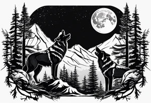 Mountain peaks
Two wolves
Moon
Dark woods
Trail tattoo idea