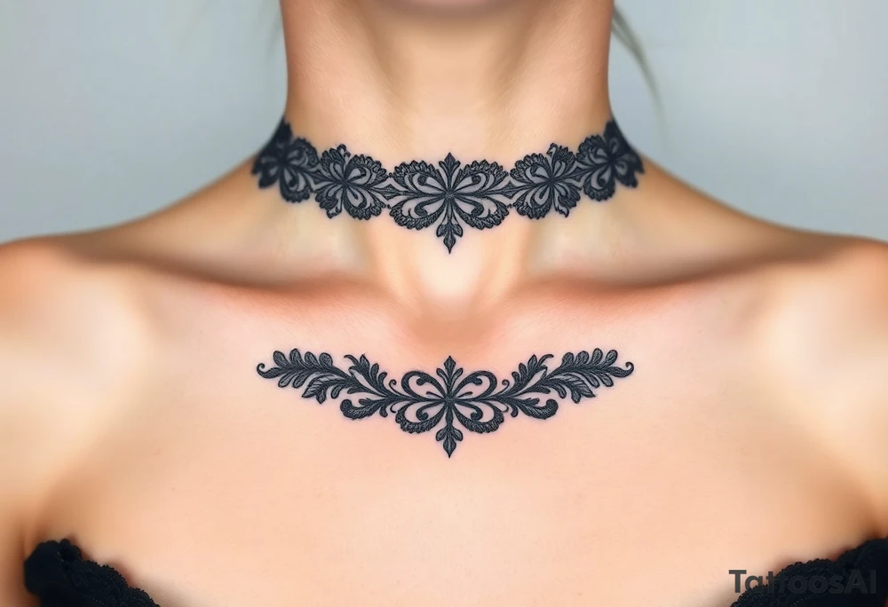 A black lace border wrapping around the collarbone, creating a sophisticated and timeless look tattoo idea