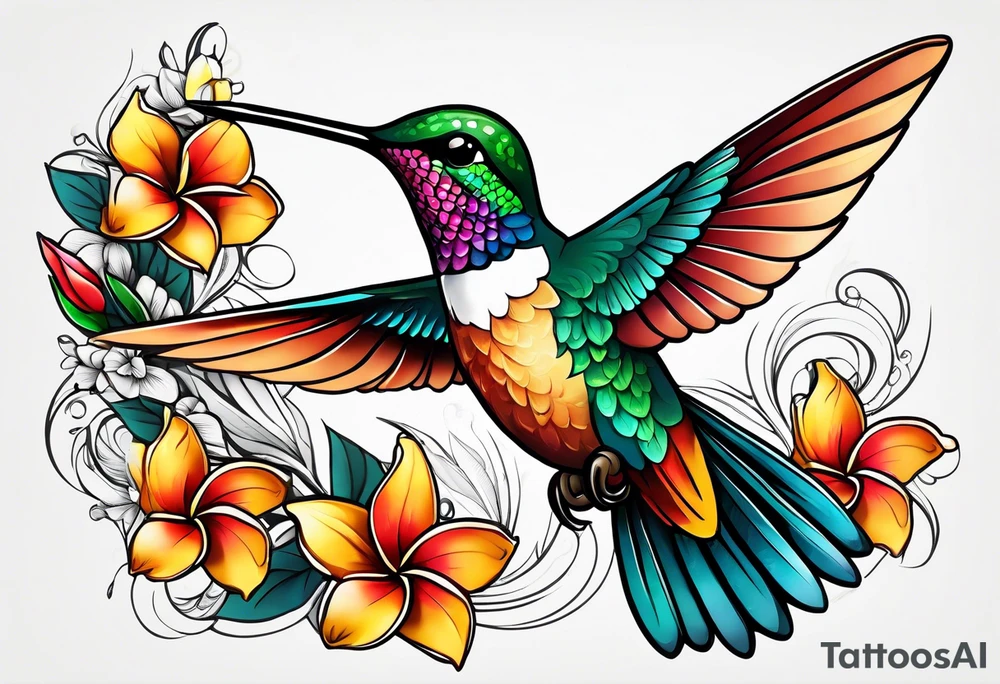 Hummingbird with a plumeria masculine style colorful tattoo idea