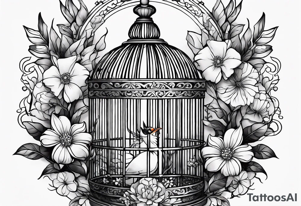 neo traditional foliage and flowers only on the left side, on the top of a long bird cage tattoo idea