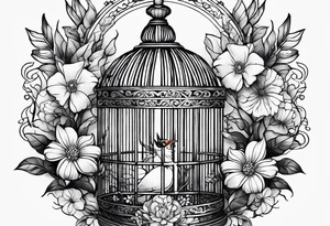 neo traditional foliage and flowers only on the left side, on the top of a long bird cage tattoo idea