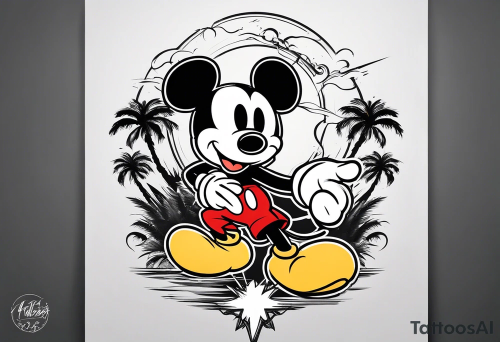 mickey mouse holding lightning with palm trees doing martial arts at the disney castle tattoo idea