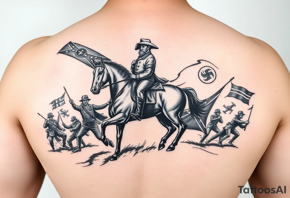 Confederate flag with a portrait of stonewall Jackson on a horse add in a battle scene with confederate soldiers winning & Jefferson Davis on one side add in shading and color add in WWII battle in the southern pacific & one fighting a big nazi battle tattoo idea