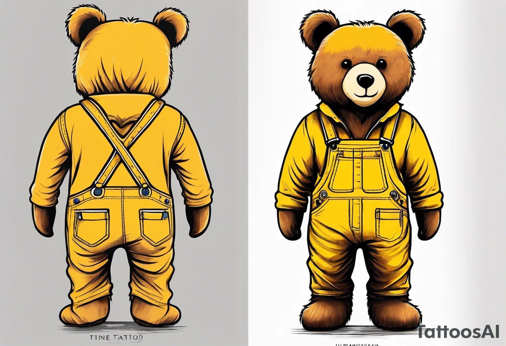 the back of a standing skinny, brown ,
teddy bear in long, yellow overalls tattoo idea
