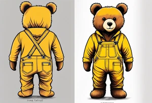 the back of a standing skinny, brown ,
teddy bear in long, yellow overalls tattoo idea