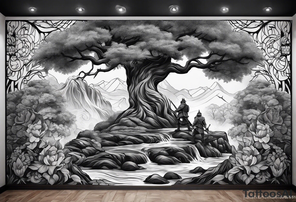 A mural with an water theme, a tree growing up out of the garden and a warrior defending tattoo idea