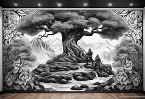 A mural with an water theme, a tree growing up out of the garden and a warrior defending tattoo idea