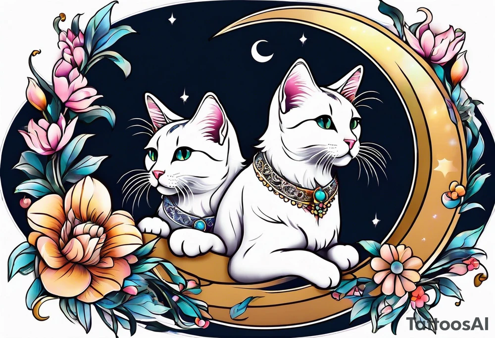 2 cats in laid crescent moon with flowers and paw prints tattoo idea