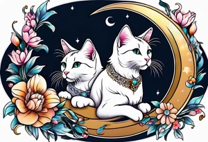 2 cats in laid crescent moon with flowers and paw prints tattoo idea