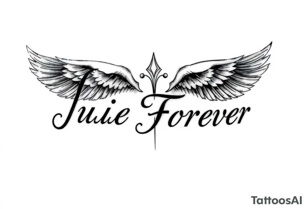 The name Julie Forever spelling in an angelic font and style. Tattoo will be placed on bottom leg. tattoo idea