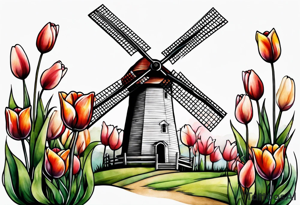 windmill and tulips tattoo idea