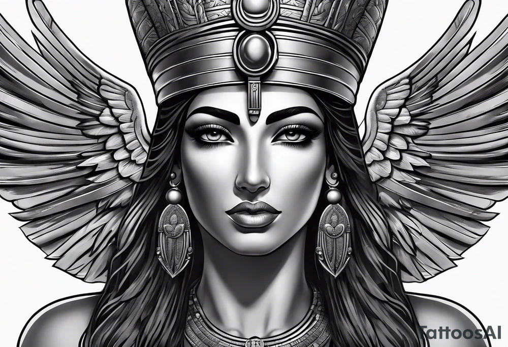 black and gray photo realistic goddess isis with minimal detail tattoo idea