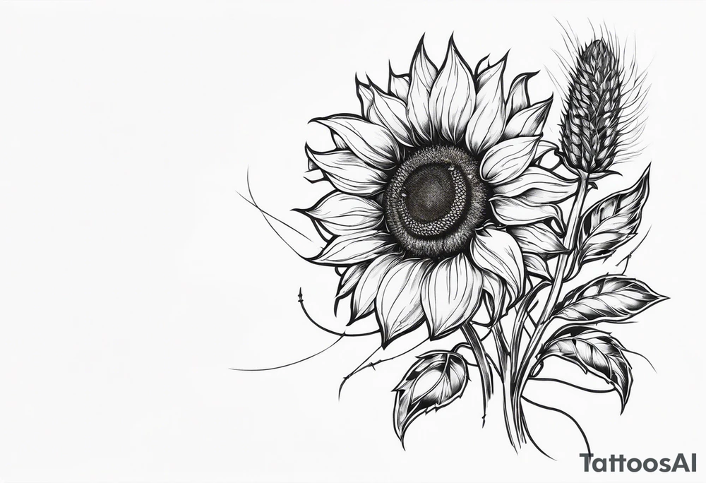 Sunflower, wheat, and barbed wire half sleeve tattoo idea