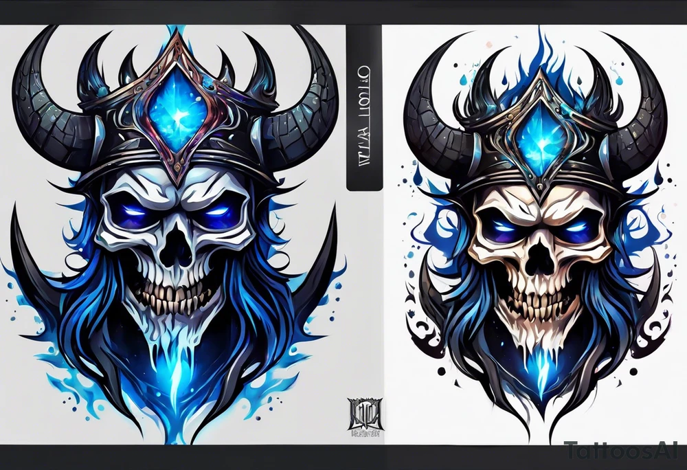 a demonic face with blue flames as majestic crown, deep set glowing galaxy styled eyes, skull faced with slightly open mouth and slight sliver of fangs, tattoo idea