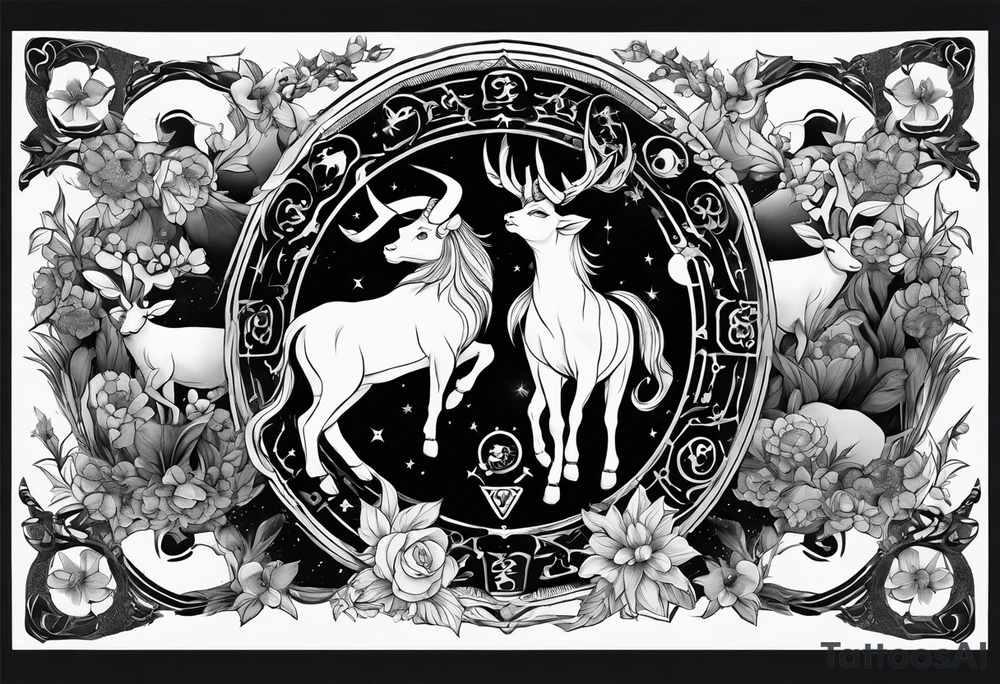 Zodiac animals arm sleeve with Taurus, Gemini, Cancer, Leo, and Sagittarius tattoo idea