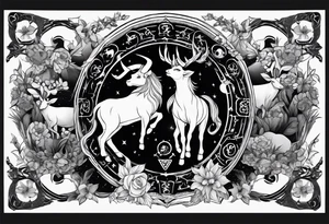 Zodiac animals arm sleeve with Taurus, Gemini, Cancer, Leo, and Sagittarius tattoo idea