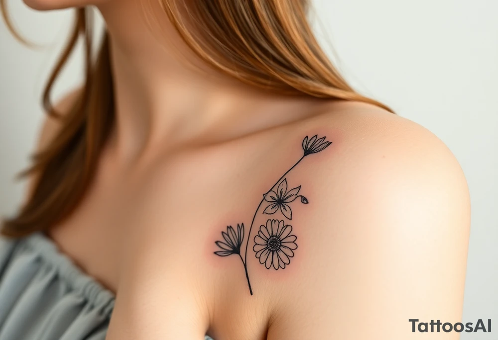 wrist tattoo with marigold, lily of the valley, and chrysanthemum tattoo idea