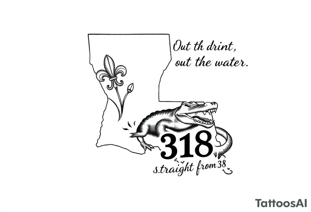 Louisiana state outline with fleur-de-lis, a bayou with a gator , the 318 area code and and quote that says  Out the dirt, out the water, straight from 318 tattoo idea