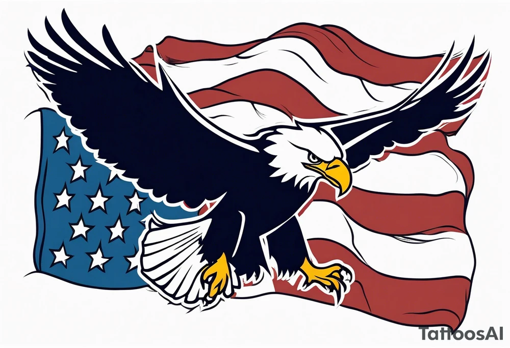 American eagle flying while holding American flag in beak tattoo idea