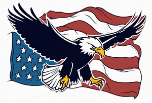 American eagle flying while holding American flag in beak tattoo idea