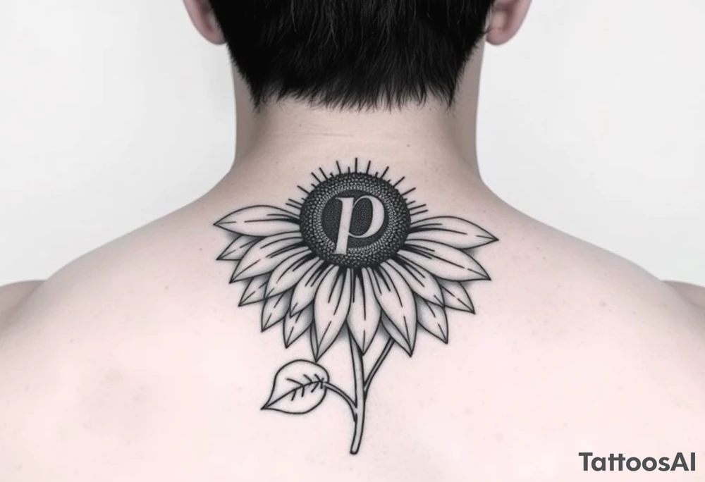 Sunflower with the letter p in the stem, black and white, small tattoo idea
