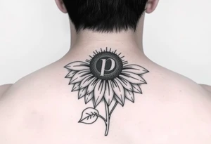 Sunflower with the letter p in the stem, black and white, small tattoo idea
