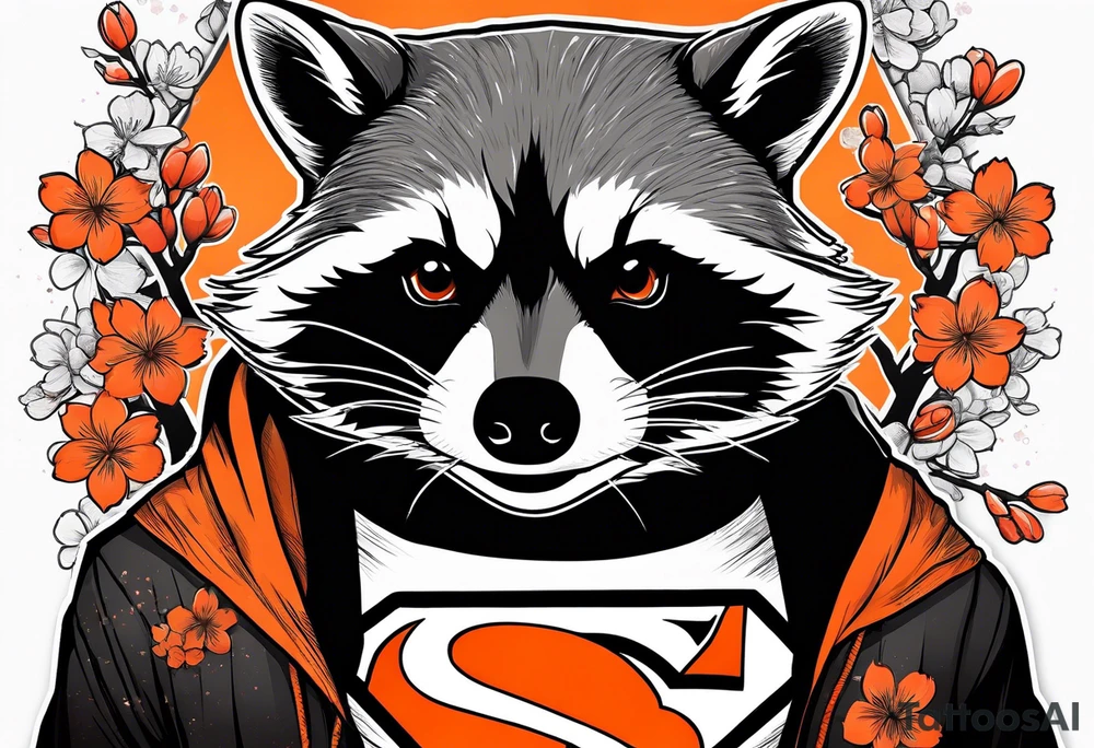Raccoon wearing a white Superman logo on a black hoodie and orange Japanese cherry blossoms beside tattoo idea