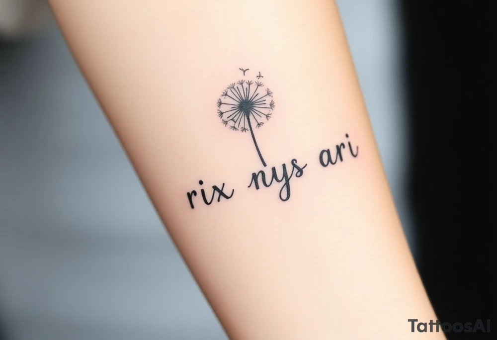 Rix Rys Ari realistic watercolor This image features a delicate dandelion tattoo on a person’s skin, with fine lines and soft shading. The dandelion’s stem extends from the bottom left corner, leading to the detailed flower head, which appears to be dispersing its seeds. The seeds are shown floating away in a natural, wind-swept motion, symbolizing freedom, change, and new beginnings.

The tattoo has a subtle watercolor effect with a gentle pinkish hue around the base of the dandelion, adding depth and softness to the design. The fine-line work gives it a refined and elegant look. tattoo idea