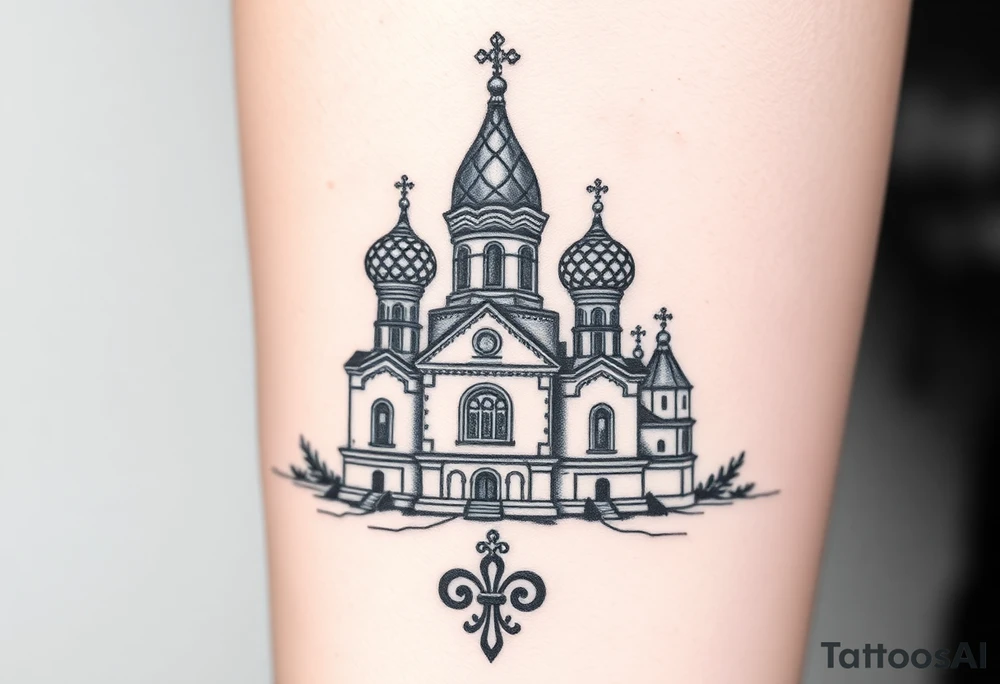 in a dorsal view a detailed orthodox church with onion domes and a band at the front with mist shrouding the top and fading into a virgin mary overlooking above at the top tattoo idea