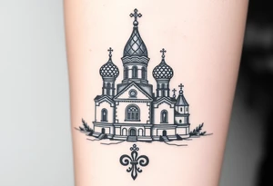 in a dorsal view a detailed orthodox church with onion domes and a band at the front with mist shrouding the top and fading into a virgin mary overlooking above at the top tattoo idea