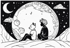 The Little prince sitting on his planet toghether with the fox on his planet besides his rose. Both are watching into the sky tattoo idea