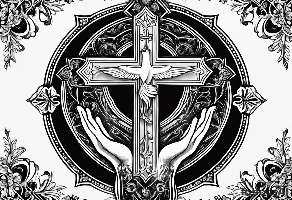 catholic cross in the back with prayer hands in the front with a white dove on the side tattoo idea