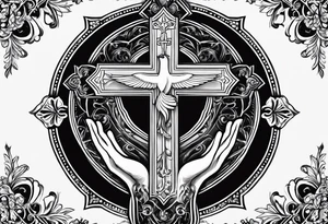catholic cross in the back with prayer hands in the front with a white dove on the side tattoo idea