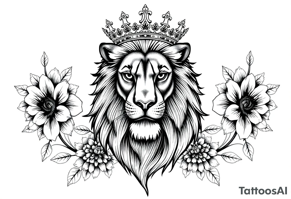 powerful majestic lion with a crown, surrounded by dahlia ornaments tattoo idea